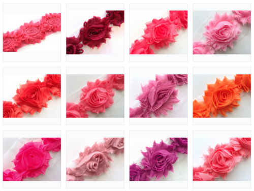 Shabby Rose Flower Trims (Reds, Oranges, Pinks) - 1/2 Yards -  Fantastic Elastic Company