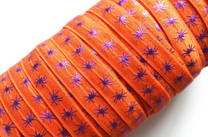 Purple Spiders on Orange - Halloween - FOE - Fold Over Elastic -  Fantastic Elastic Company