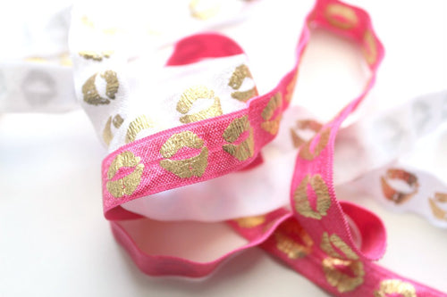 Gold Lips on Pink - FOE - Fold Over Elastic -  Fantastic Elastic Company