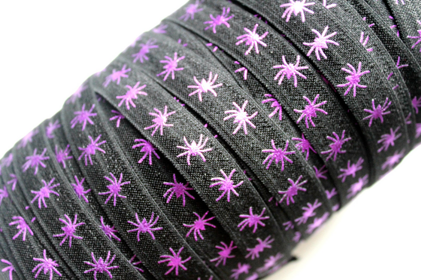 Purple Spiders on Black - Halloween - FOE - Fold Over Elastic -  Fantastic Elastic Company